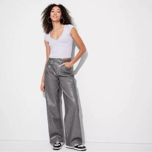 Wild Fable High Rise Baggie Jeans Size 2R Denim Wide Leg Silver Metallic Wash
